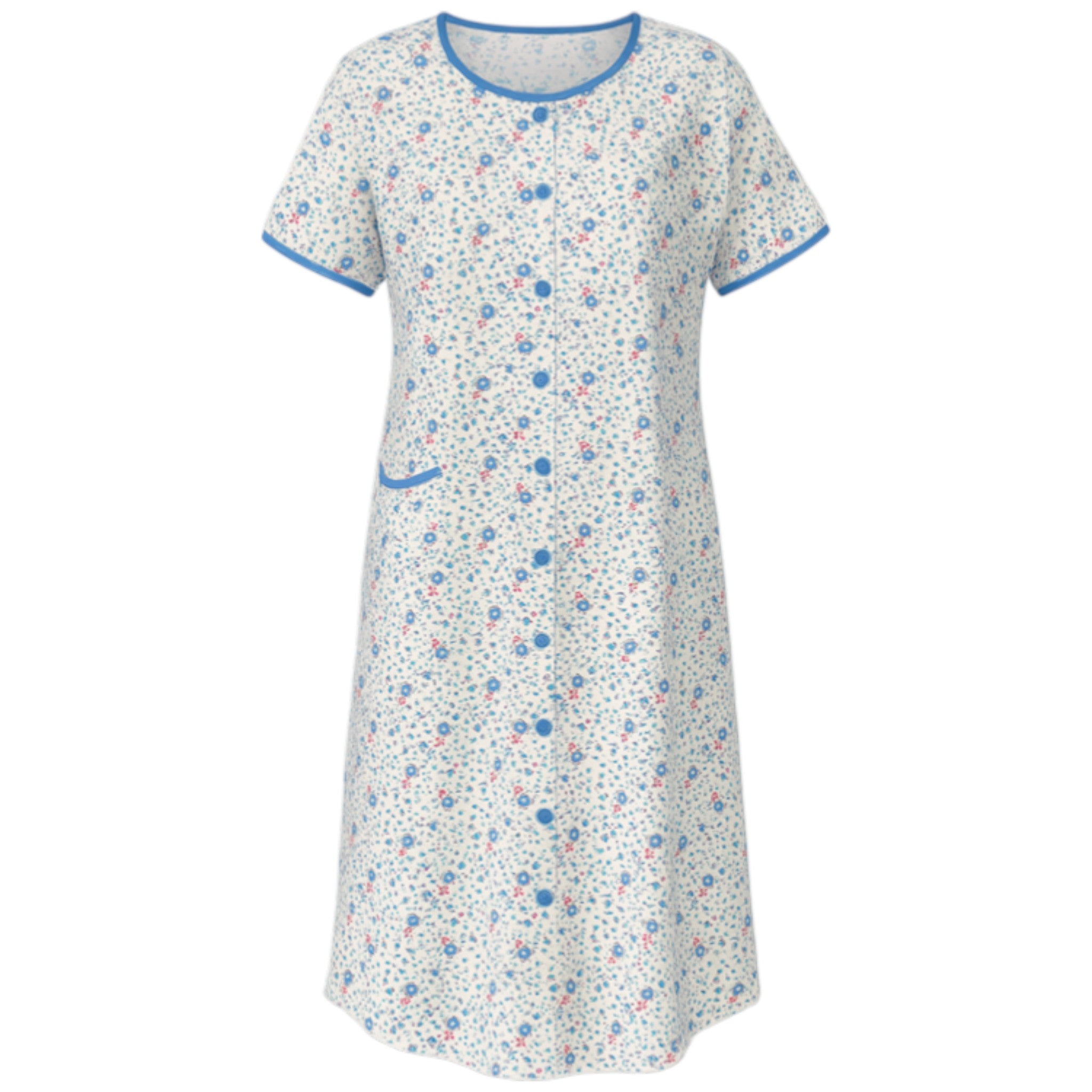 Ladies white and blue multi floral button front nightie with short sleeves and pocket